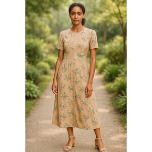 Caara XS Beige Floral Midi Dress Button Front Tie Back NWT